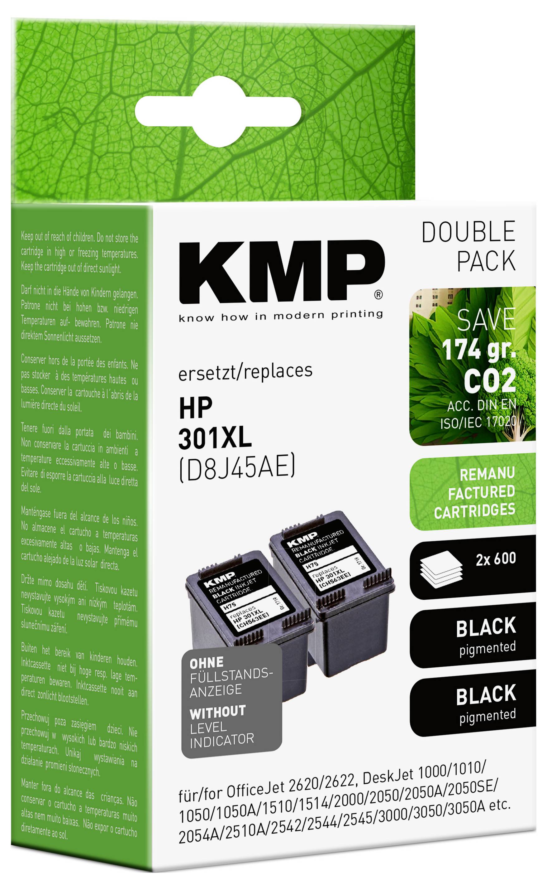 Box der KMP Ersatz-Tintenpatronen für HP 301XL, enthält zwei schwarze Kartuschen. Umweltfreundlich, CO2-Einsparung wird hervorgehoben.