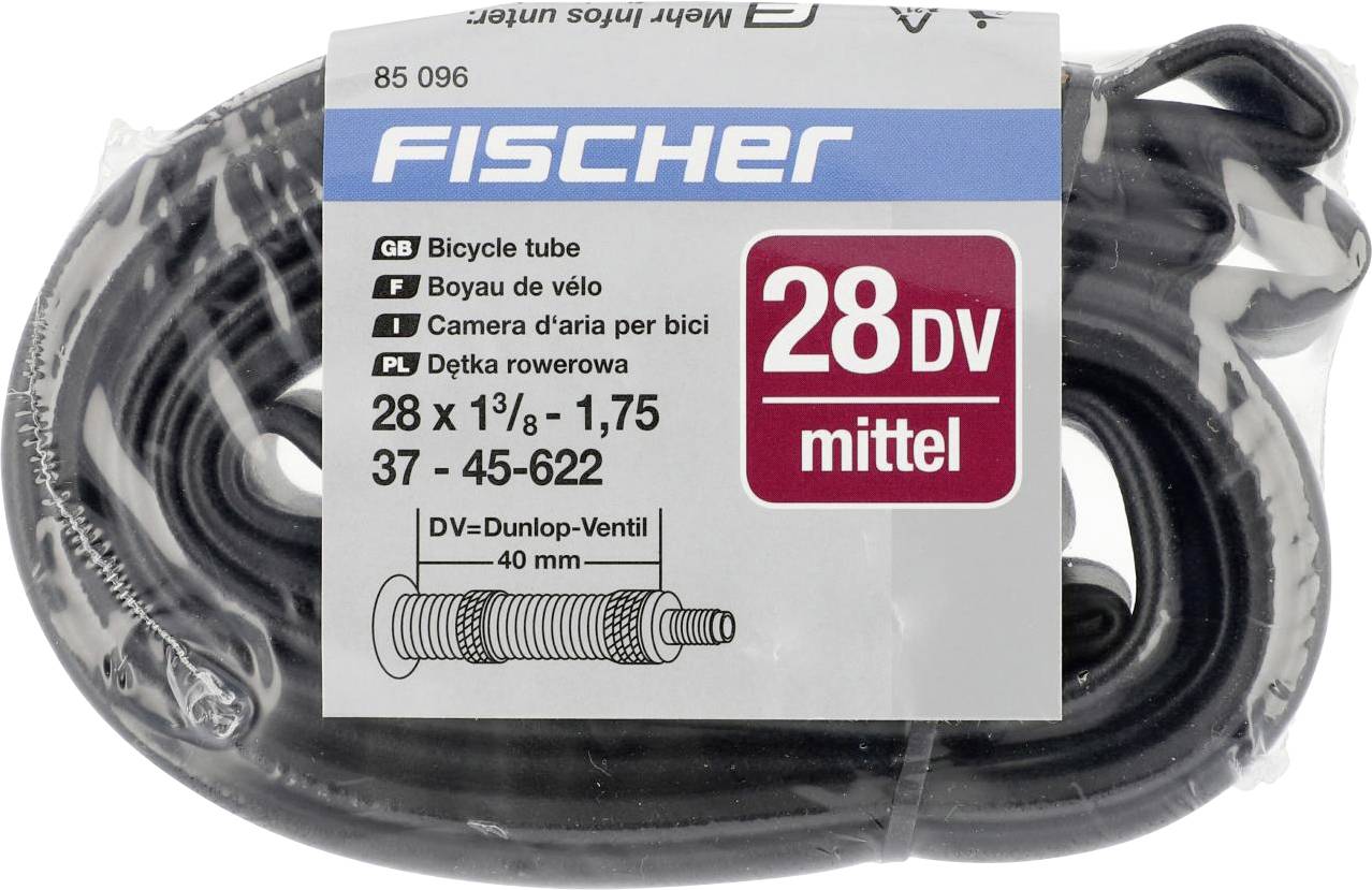 Fahrradschlauchverpackung mit Marke 'Fischer', Größe 28 Zoll, mittleres Ventil. Geeignet für verschiedene Fahrradtypen.