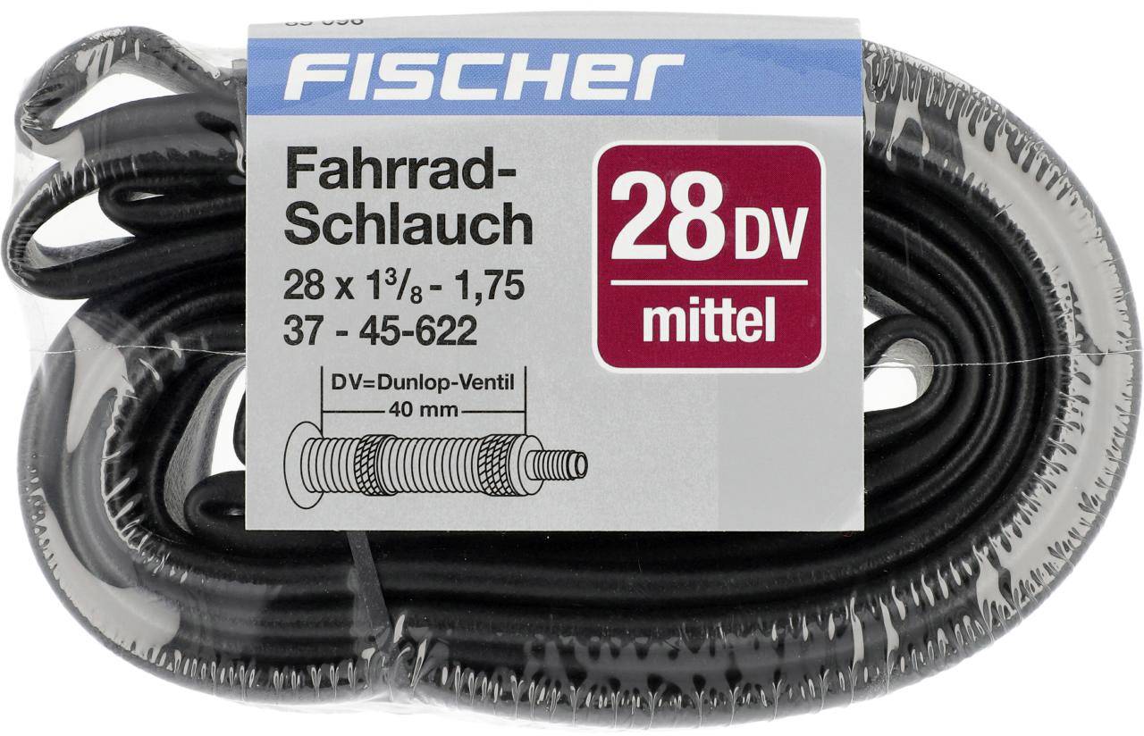 'Fischer Fahrradhluach, 28 Zoll, DV Ventil, mittlere Größe. Geeignet für 28 x 1 3/8 - 1,75, 37 - 45-622.' Verpackung zeigt Produkt und Details.