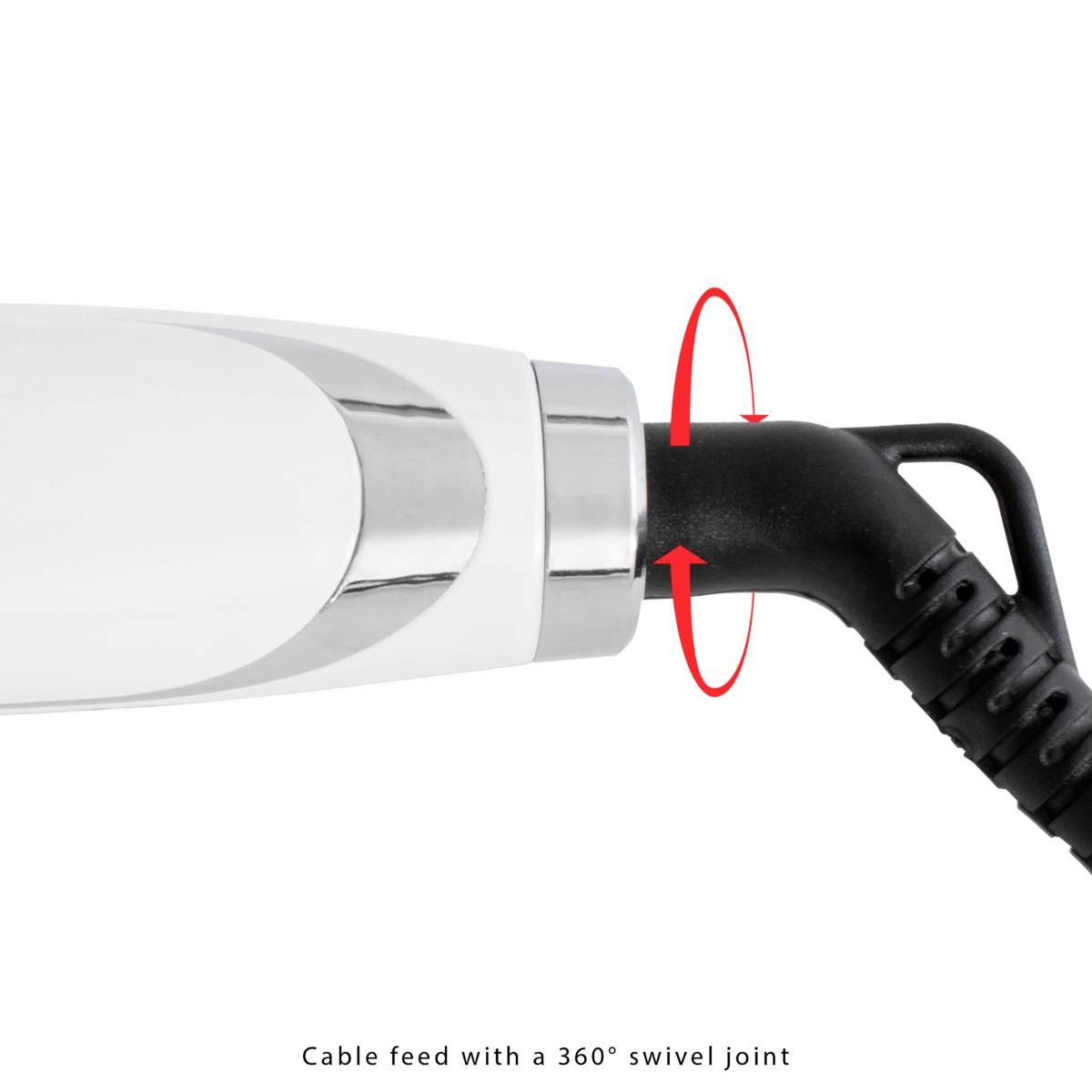Ein weißer Haartrockner mit einem 360° schwenkbaren Kabel, das an der Basis gezeigt wird. Ein roter Pfeil hebt die Drehbarkeit hervor.