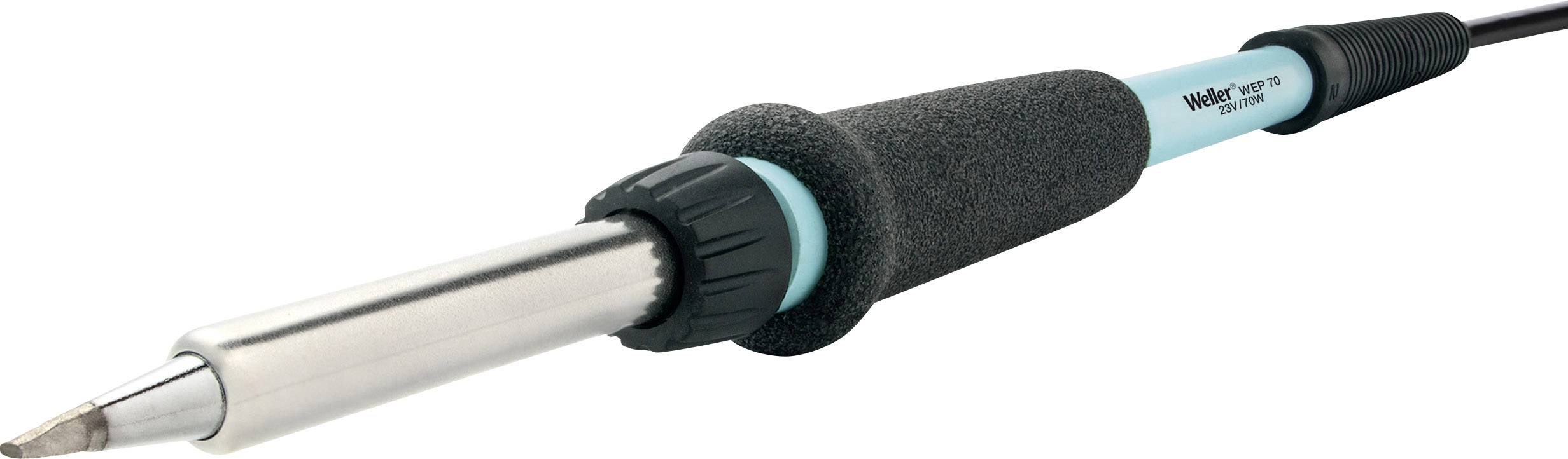 Ein Lötkolben mit blauem Griff und schwarzem Schaumstoffgriff, geeignet für Lötarbeiten in Elektronikprojekten.