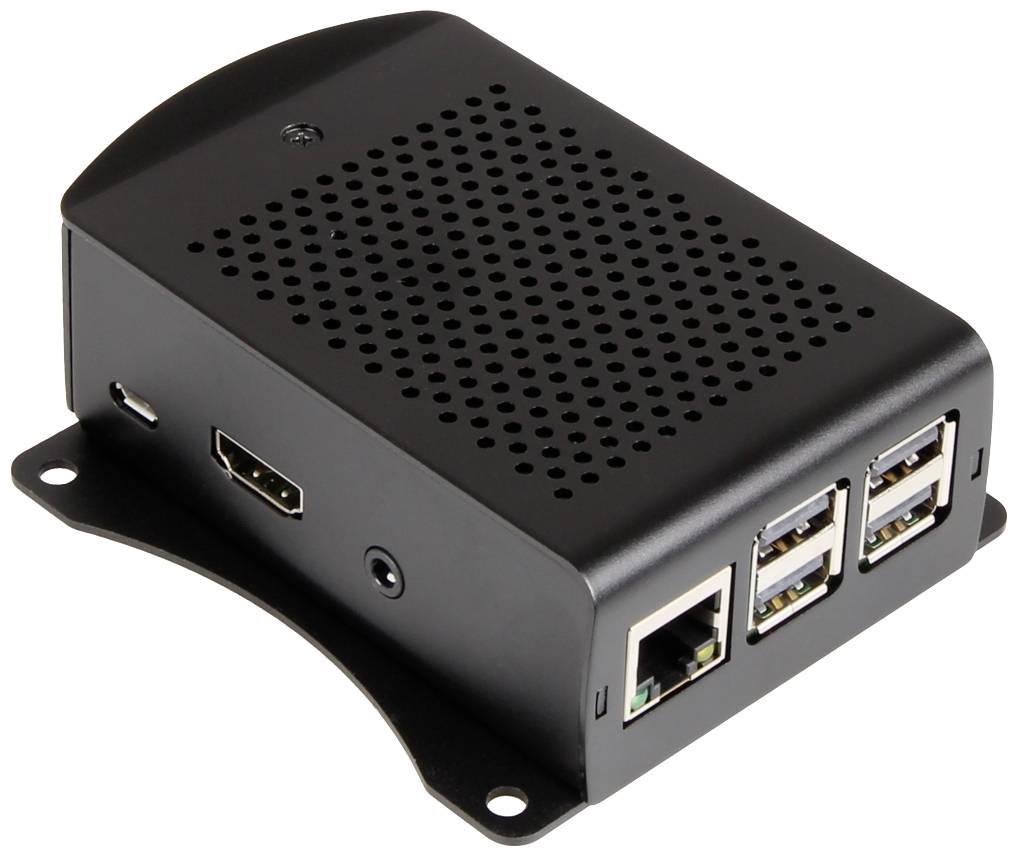 Ein kleiner, schwarzer Computer mit mehreren USB-Anschlüssen, HDMI-Anschluss und Belüftungsschlitzen, platziert auf einem Tisch.