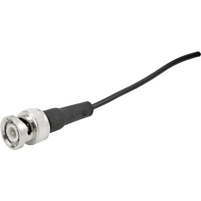Ein BNC-Stecker mit schwarzem Kabel, oft für Video- und HF-Signale in elektronischen Geräten verwendet.