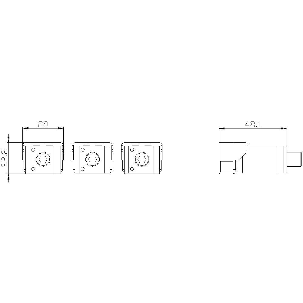 Technische Zeichnung von drei quadratischen Objekten mit Maßen: Breite 29 mm, Höhe 22 mm, Tiefe 48,1 mm. Seitenansicht rechts.