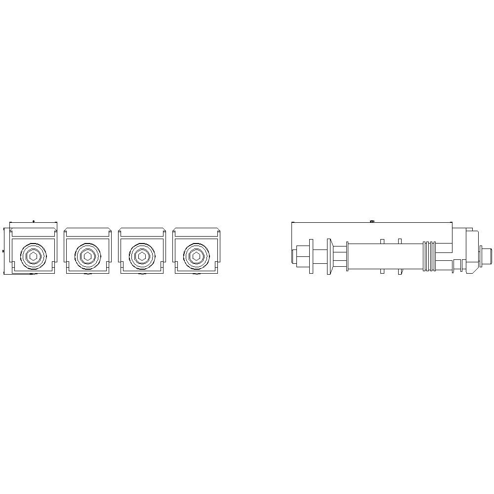 Technische Zeichnung zeigt fünf mechanische Teile in einer Reihe, von denen vier ähnlich sind. Eines unterscheidet sich im Design.