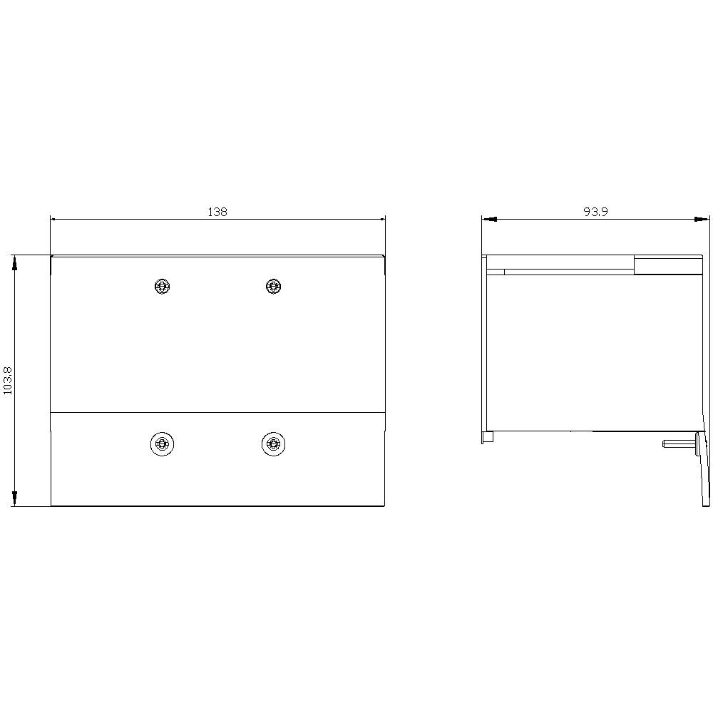 Technische Zeichnung eines rechteckigen Kastens mit Maßen 138 x 93,9 mm. Vorderansicht zeigt vier Schraubenpositionen.
