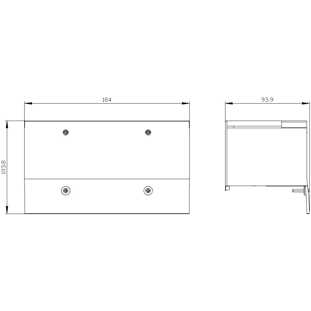 Technische Zeichnung einer rechteckigen Box mit Maßen: Breite 184 mm, Höhe 103,8 mm, Tiefe 93,9 mm, Seiten- und Vorderansicht.