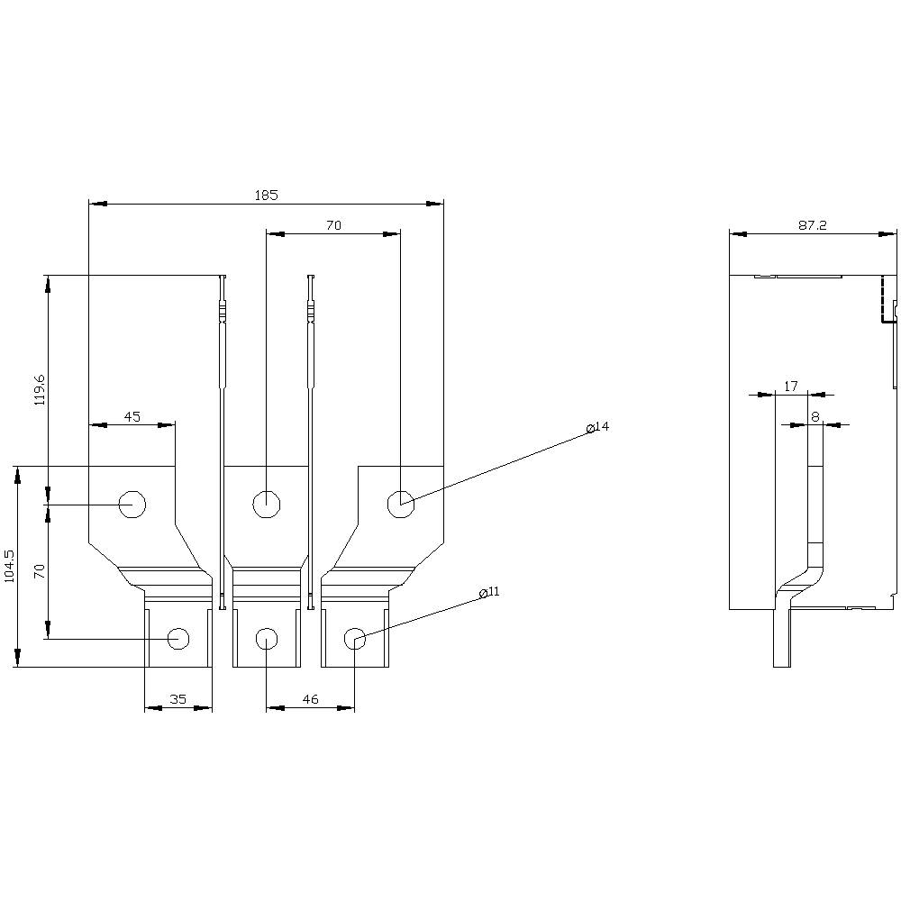 Technische Zeichnung eines Bauteils mit Maßen. Hauptansicht links zeigt verschiedene Abstände und Höhen. Seitenansicht rechts.
