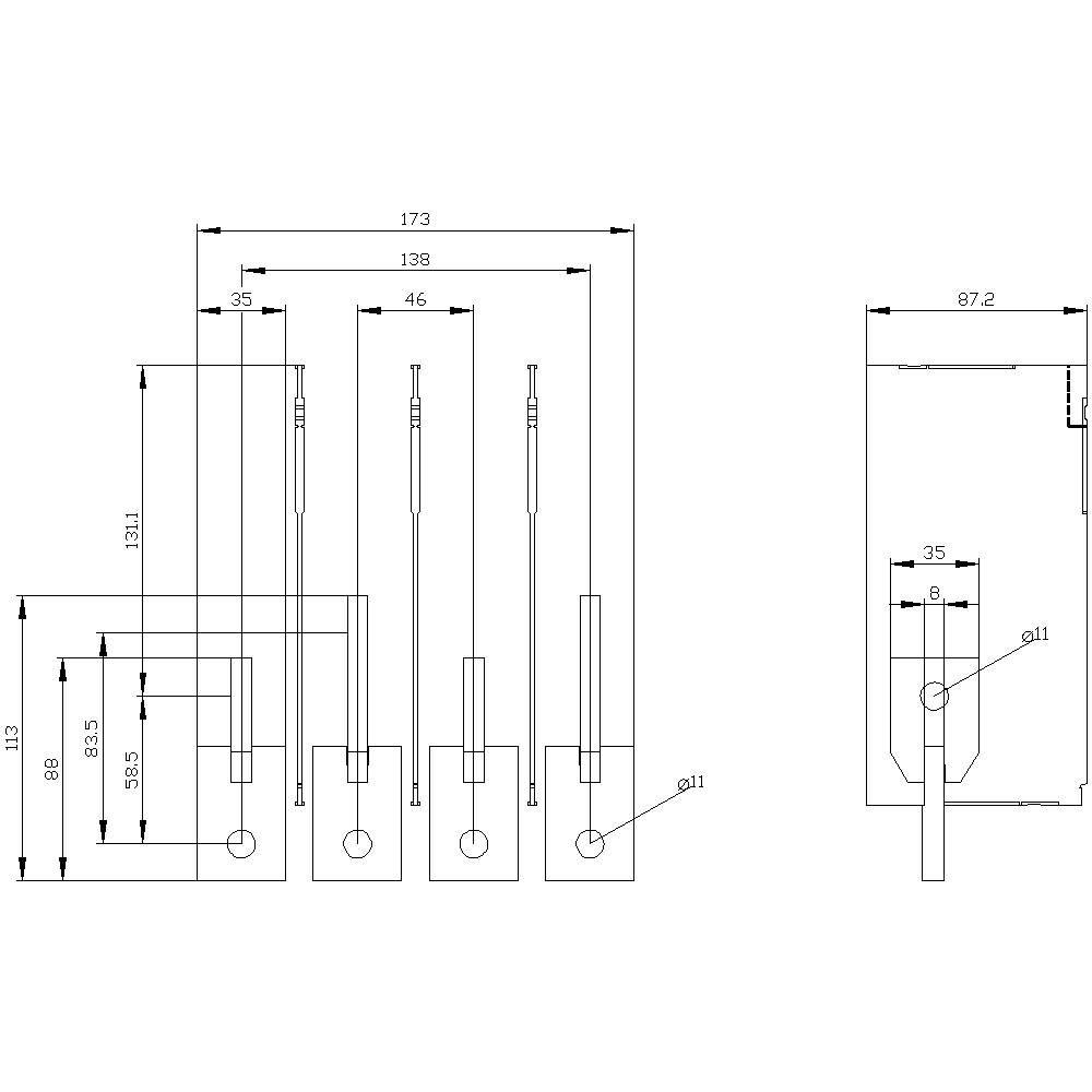Technische Zeichnung eines mechanischen Teils mit Abmessungen und Markierungen; zeigt vier identische Komponenten mit ihren Maßen.