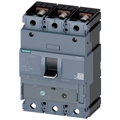 Ein dreipoliger elektrischer Leistungsschalter mit grauem Gehäuse, Siemens-Logo oben links und QR-Code unten rechts.