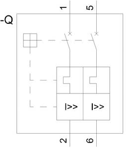 Ein Schaltplan zeigt zwei parallel geschaltete Sicherungen mit den Zahlen 1, 2 und 5, 6 an den Enden. Oben links ist ein kleineres Rechteck.