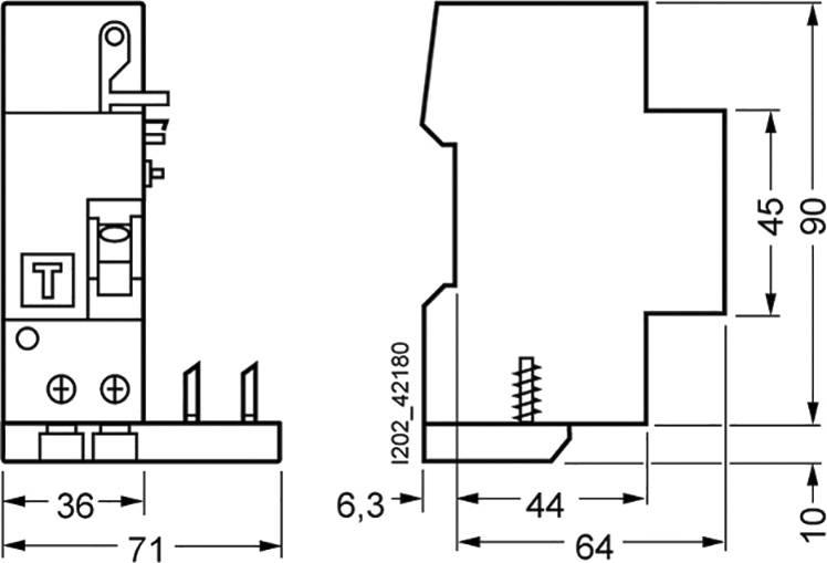'Technische Zeichnung eines elektrischen Bauteils mit Maßen in Millimetern. Zeigt Seitenansicht und Frontansicht des Bauteils.'