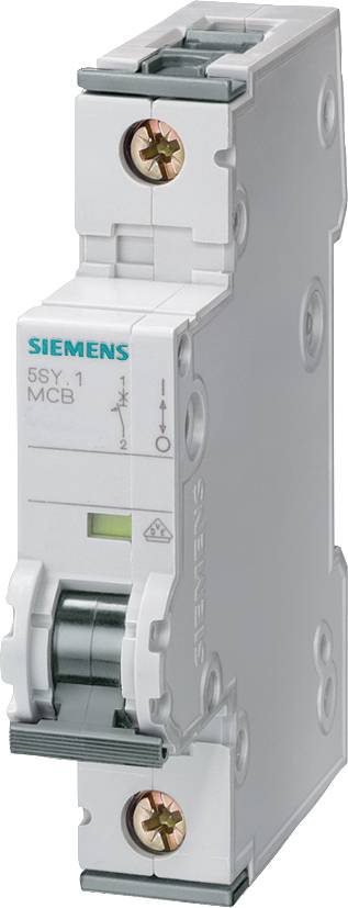 Abgebildet ist ein einpoliger Siemens Leitungsschutzschalter, Modell 5SY1, zur Sicherung und Steuerung elektrischer Stromkreise.