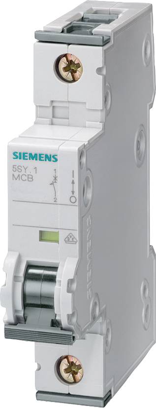 Leitungsschutzschalter von Siemens, Modell 5SY1, Schalterposition 'Ein' sichtbar. Hauptsächlich in elektrischen Schalttafeln verwendet.