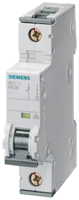 Ein grauer Siemens-Leistungsschalter mit grüner Anzeigeleuchte und Schalthebel, geeignet für den Schutz elektrischer Stromkreise.
