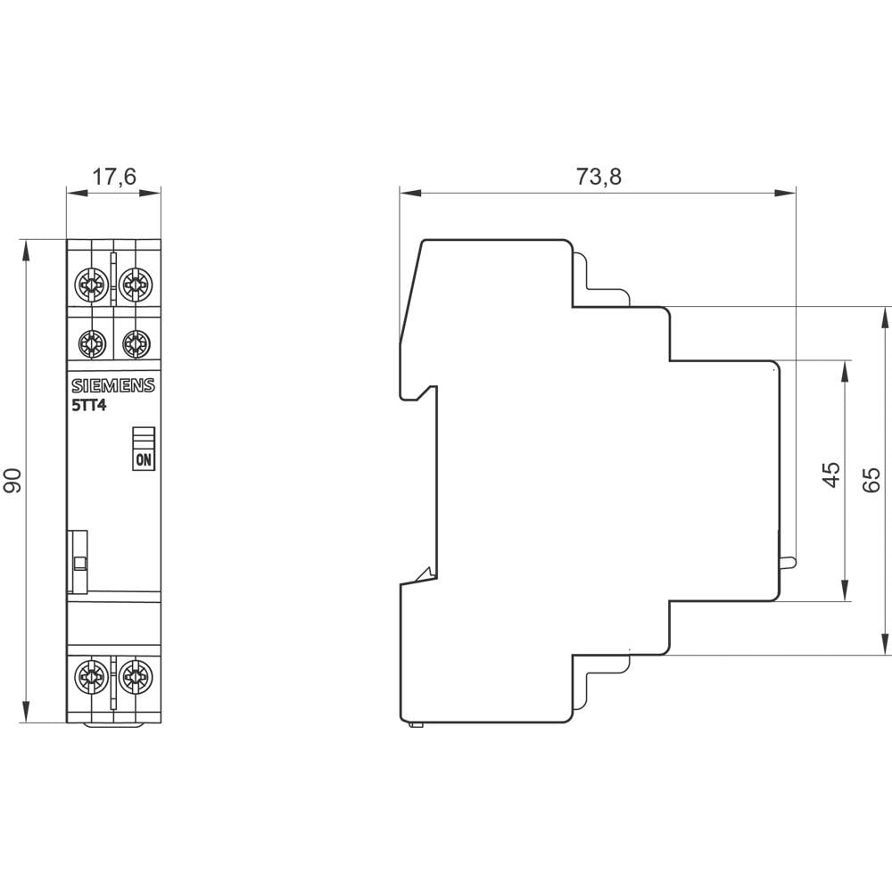 Eine technische Zeichnung eines 5TT4-Sicherungsblocks mit detaillierten Abmessungen: Breite 17,6 mm, Höhe 90 mm, Seitenprofil mit 73,8 mm.