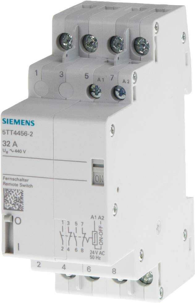 Ein Fernschalter der Marke Siemens, Modell 5TT4456-2, geeignet für 32 A und 440 V, mit einer 'On/Off'-Taste.