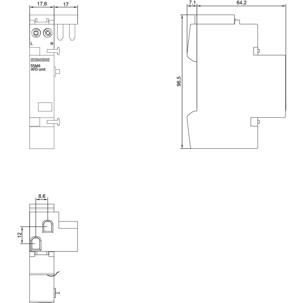 Technische Zeichnung eines Gerätegehäuses mit Bemaßung in Millimetern, inklusive Vorder-, Seiten- und Draufsicht. standardisiertes Design.