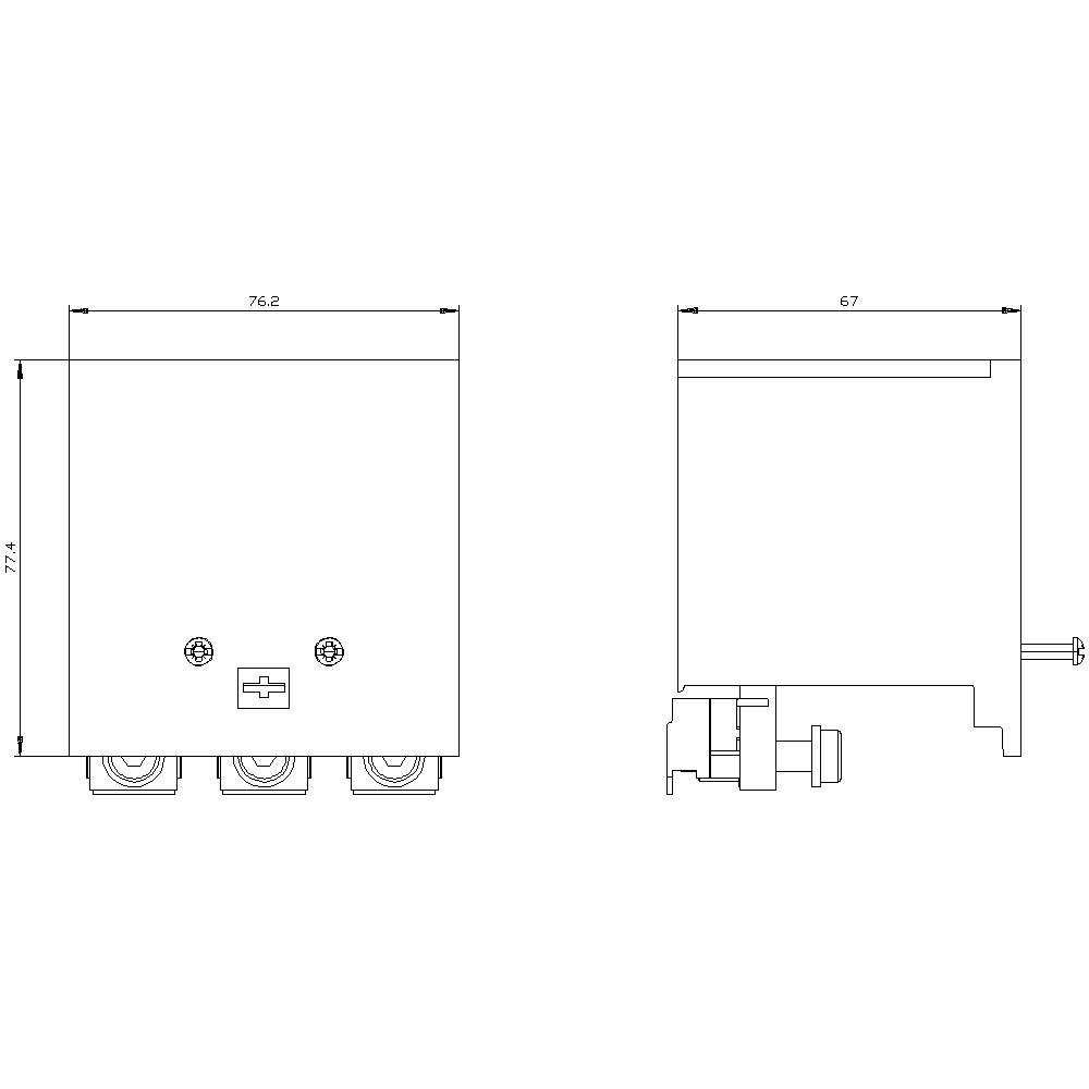 Technische Zeichnung eines rechteckigen Geräts mit den Maßen 76,2 x 72,4 mm von vorne und 67 mm von der Seite gesehen. Draufsichten zeigen Anschlussdetails.