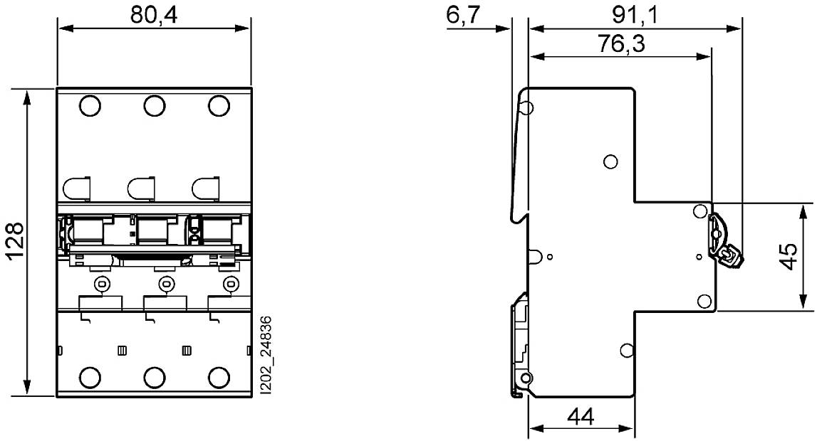 Technische Zeichnung eines elektrischen Bauteils mit Maßen: 128 mm x 80,4 mm x 91,1 mm. Draufsicht und Seitenansicht, Anschlussdetails sichtbar.