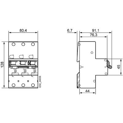 Technische Zeichnung eines elektrischen Bauteils mit Abmessungen: Breite 80,4 mm, Höhe 128 mm, Tiefe 91,1 mm. Ansicht von vorne und Seite.