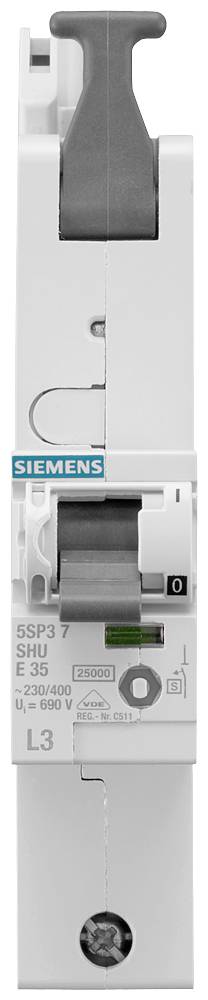 Ein weißer Siemens-Leitungsschutzschalter. Die Beschriftung zeigt 'SSP3 SHU E35' mit technischen Spezifikationen und Markenlogo.