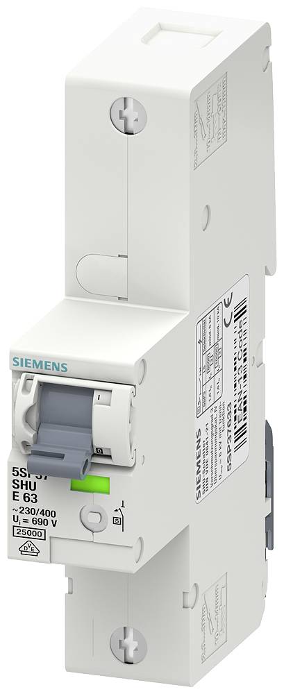 Ein elektronischer Siemens-Leitungsschutzschalter, Modell 5SY, mit grünem Schalteranzeiger und technischen Spezifikationen aufgedruckt.