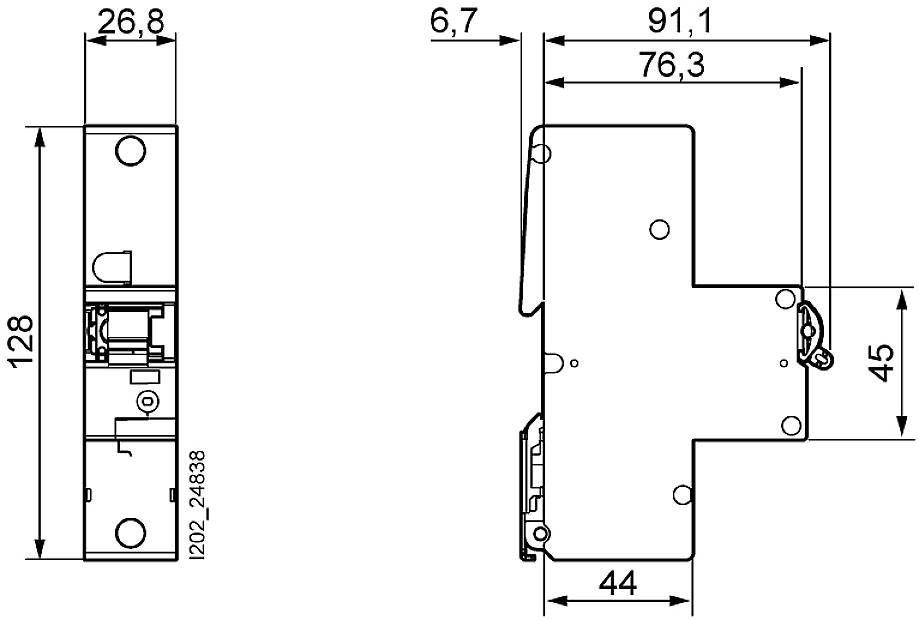 Technische Zeichnung eines Schlosses mit Bemaßungen. Links zeigt das Seitenprofil (128 x 26,8 mm), rechts das Frontprofil (45 x 91,1 mm).