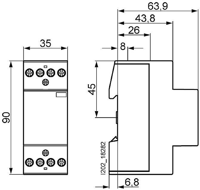 Zeichnung eines elektrischen Geräts mit Maßen: Breite 35 mm, Höhe 90 mm, Tiefe 63,9 mm. Seitenansicht zeigt Anschlüsse und Montageform.