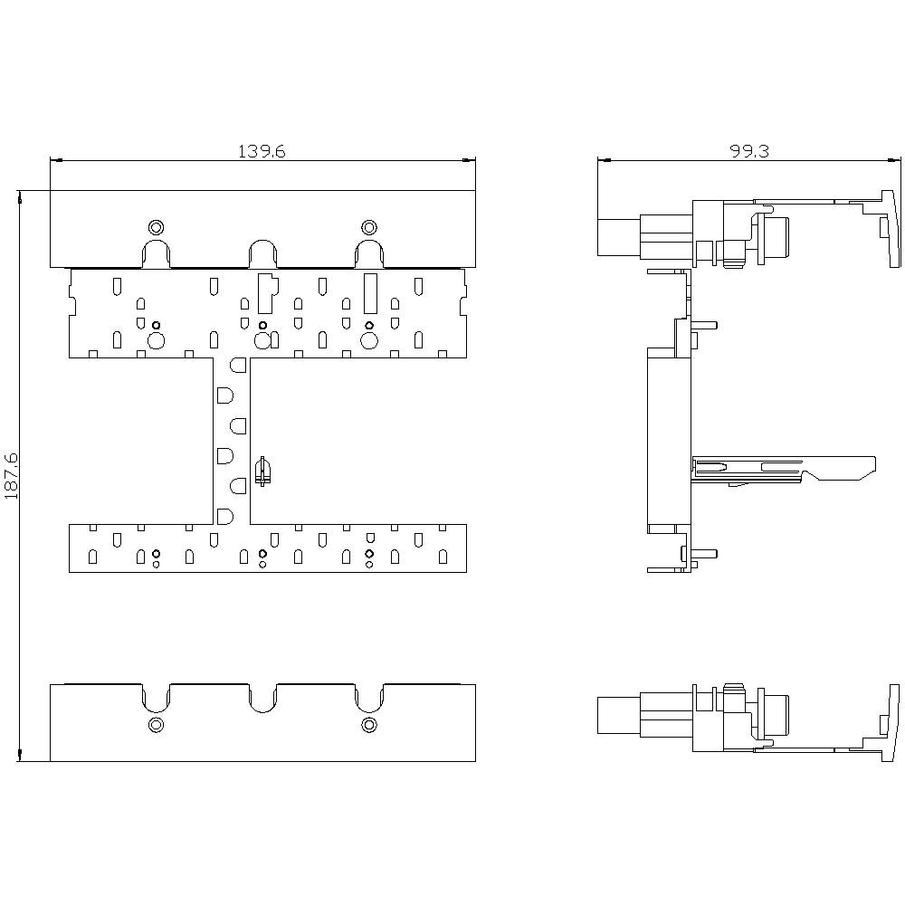 Technische Zeichnung eines Bauteils mit Maßen: 187,6 mm Höhe, 139,6 mm Breite. Seiten- und Frontansicht mit Befestigungspunkten.