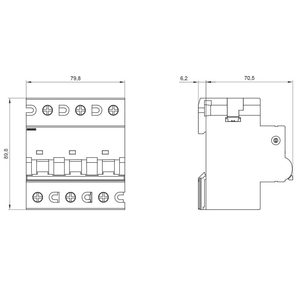 Technische Zeichnung eines elektrischen Schalters mit Front- und Seitenansicht. Abmessungen: 79,8 x 89,8 mm und 70,5 x 6,2 mm.