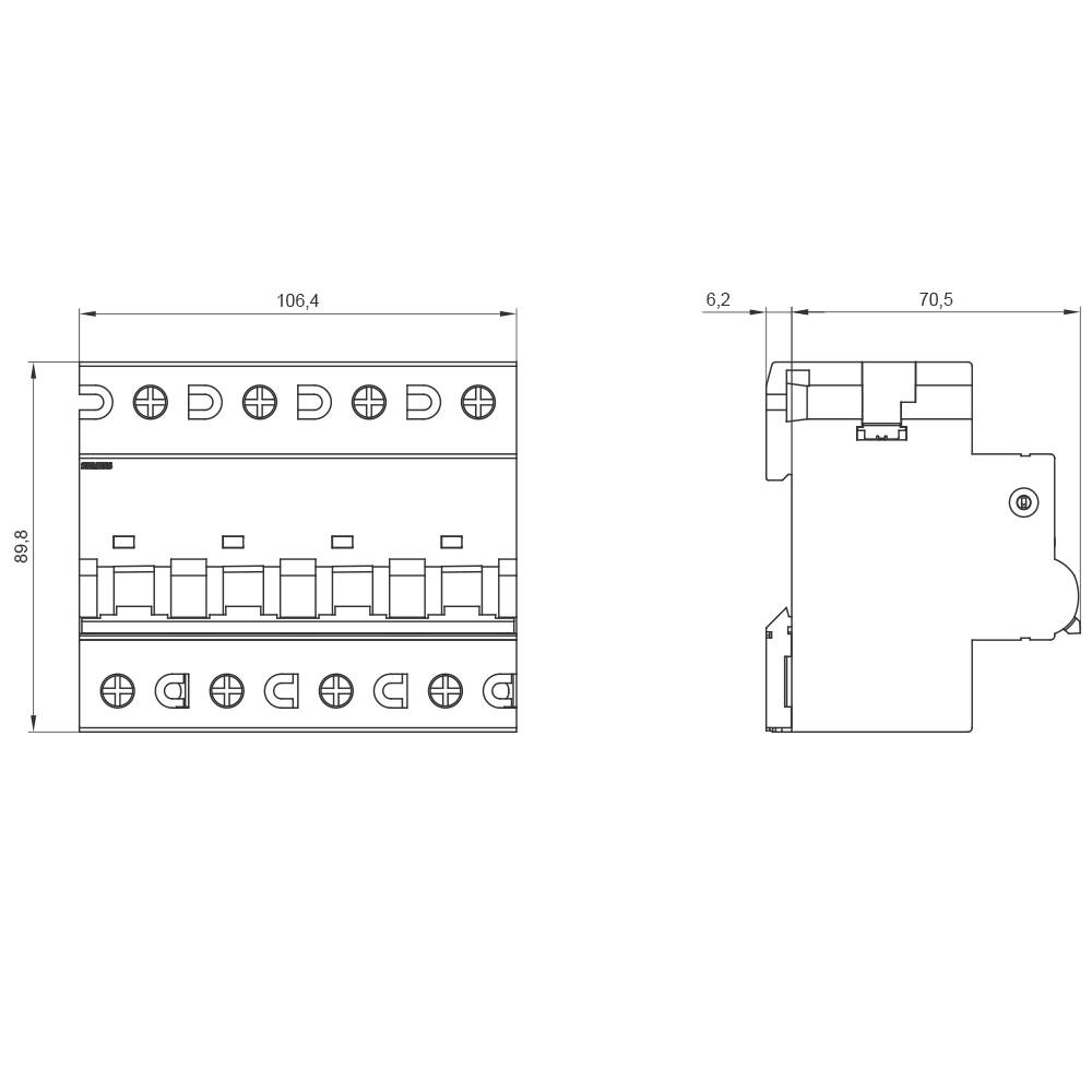 Technische Zeichnung eines elektrischen Bauteils mit Maßen: 106,4 mm Breite, 70,5 mm Tiefe, 89,8 mm Höhe, seitliche und frontale Ansicht.