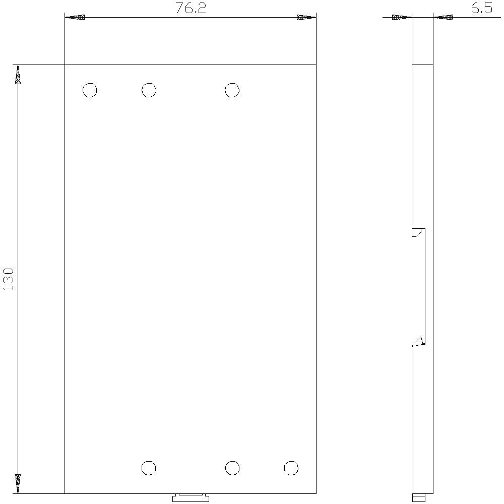 Technische Zeichnung eines rechteckigen Bauteils mit den Maßen 130 mm Höhe, 76,2 mm Breite, 6,5 mm Dicke und fünf Bohrlöchern.