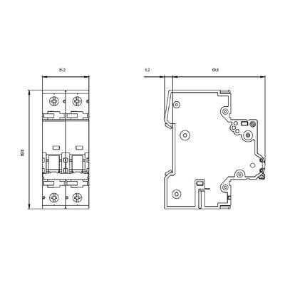 Ein technisches Diagramm zeigt die Vorder- und Seitenansicht eines elektrischen Schalters mit Maßen: Breite 35,2 mm, Tiefe 68,2 mm.