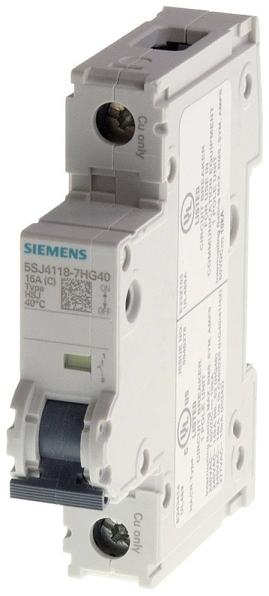 Weiße Siemens-Sicherung 5SJ4118-7HG40 mit Beschriftungen und Schalter auf der Vorderseite, geeignet für 16A und 40°C.