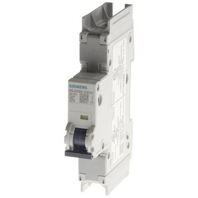 Ein Siemens Leistungsschalter in seitlicher Ansicht; grau-weiße Farbe mit technischen Details auf der Etikettierung.