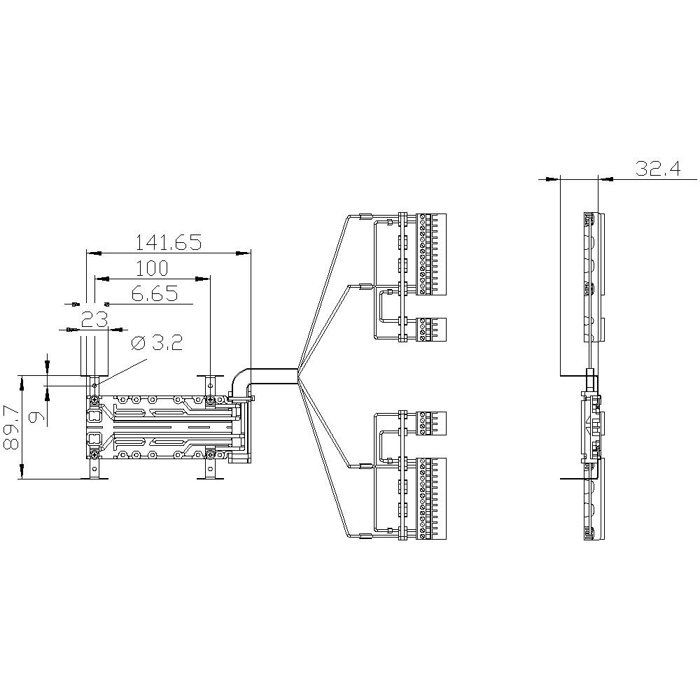 Technische Zeichnung eines komplexen elektronischen Geräts mit detaillierten Abmessungen und Anschlüssen, seitliche und frontale Ansichtsmaße enthalten.