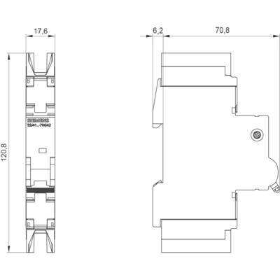 Technische Zeichnung eines elektrischen Bauteils mit Maßen: Höhe 120,8 mm, Breite 17,6 mm, Tiefe 70,8 mm.