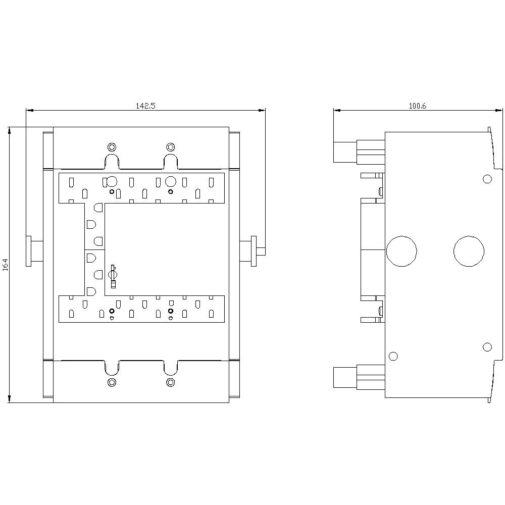 Technische Zeichnung eines rechteckigen Bauteils mit Abmessungen: 142,5 mm Breite, 194 mm Höhe, 109,6 mm Tiefe. Zeigt Vorder- und Seitenansicht.