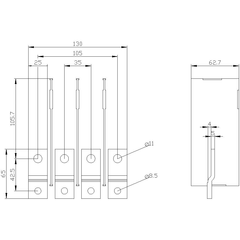 Technische Zeichnung einer Metallhalterung mit Abmessungen in Millimetern. Oben sind Breitenmaße (130, 105, 25, 35 mm), unten Höhenmaße (105,7, 42,5 mm).