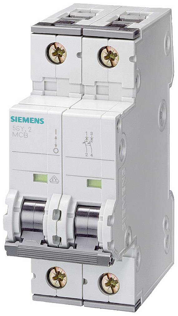 Ein zweipoliger Siemens-Leitungsschutzschalter mit grünen Indikatoren und Schraubbefestigung, geeignet für elektrische Installationen.