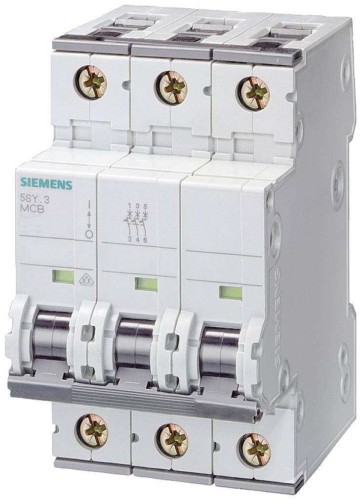 'Siemens 5SY 3 MCB' abgebildet, ein dreipoliger Leistungsschutzschalter in einer elektrischen Sicherungseinheit, zeigt Schalterstellungen.