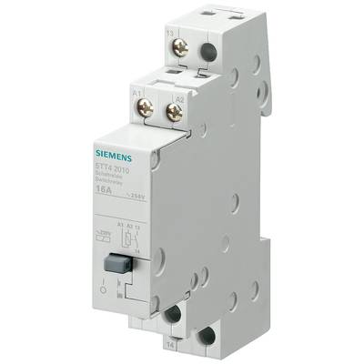 Ein graues elektrisches Schaltrelais von Siemens mit der Modellnummer '5TT4 2010', 16A und 250V Kapazität, geeignet für DIN-Schienenmontage.