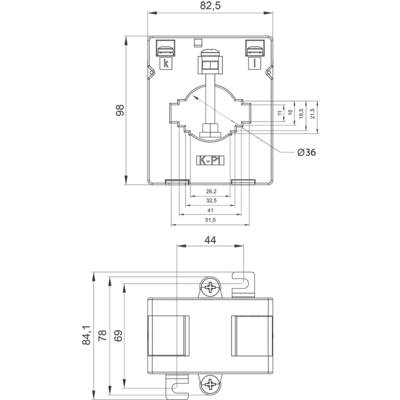 Technische Zeichnung eines quadratischen Schalters mit Maßen. Oben: 82,5 x 98 mm. Seitlich: 84,1 x 44 mm. Details der Komponenten und Abstände.