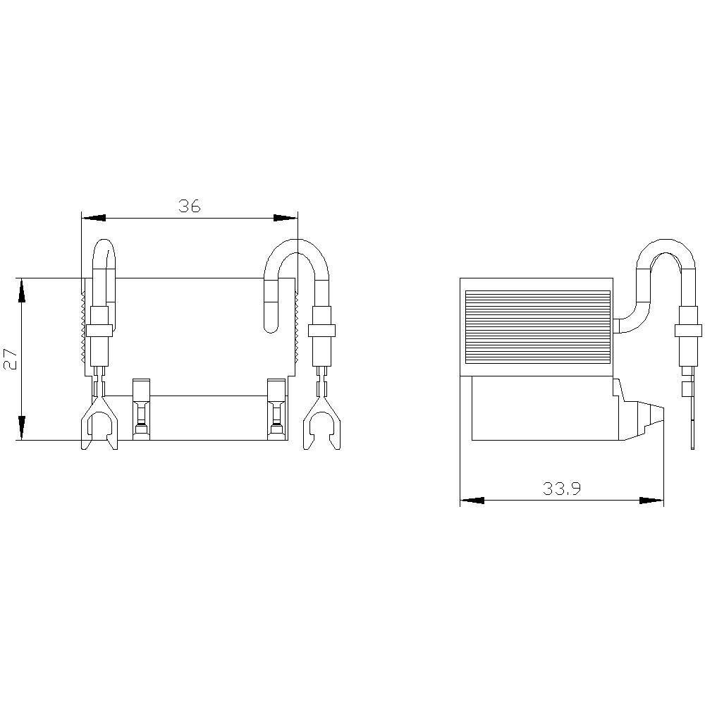 Technische Zeichnung: Zwei Ansichten einer elektrischen Bauteilhalterung mit Maßen. Links zeigt die Vorderansicht, rechts die Seitenansicht. Maße: Breite 36 mm, Tiefe 33,9 mm, Höhe 27 mm.