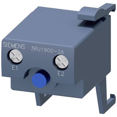 Ein blaues elektrisches Modul von Siemens mit Markierungen 'E1', 'E2' und '3RU1900-2A'; es hat zwei sichtbare Schraubköpfe.