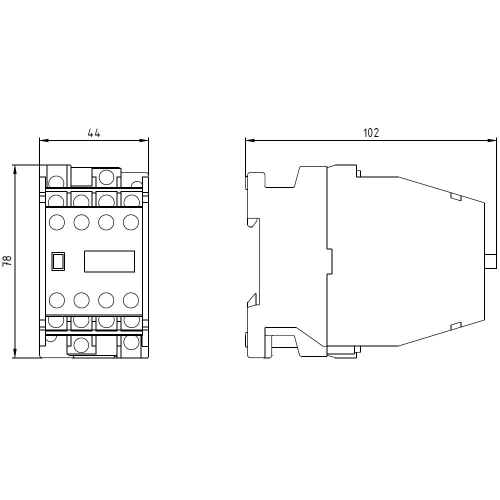 Technische Zeichnung eines elektrischen Bauteils mit Maßen: 44 mm Breite, 78 mm Höhe, 102 mm Tiefe. Vorder- und Seitenansicht.