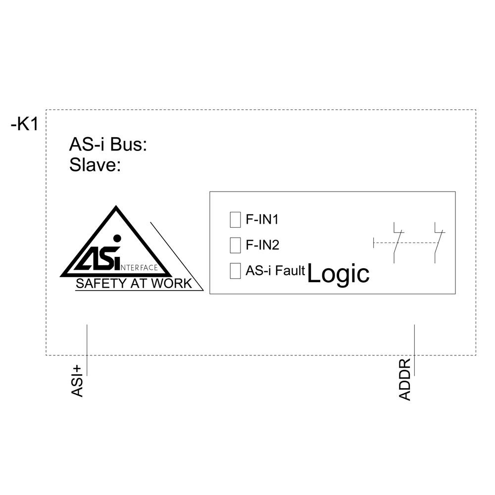 AS-i Bus-Slave-Schaltbild: Schnittstellen-Logo links, Kontrollkästchen mit 'F-IN1', 'F-IN2' und 'AS-i Fault Logic' rechts.