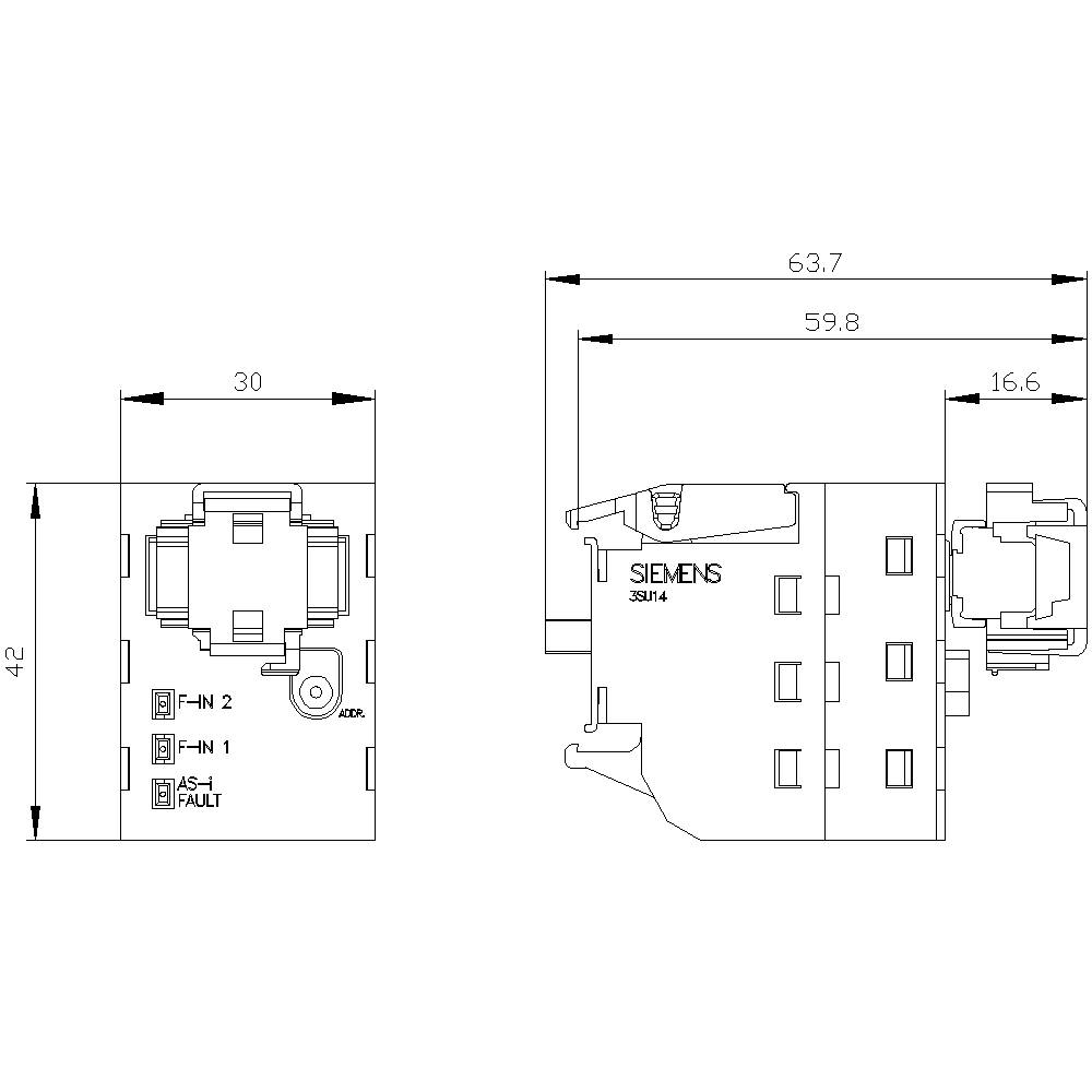'Technische Zeichnung eines Siemens Kompaktleistungsschalters mit Abmessungen: Breite 63,7 mm, Höhe 42 mm. Links: Anschlussdetails.'