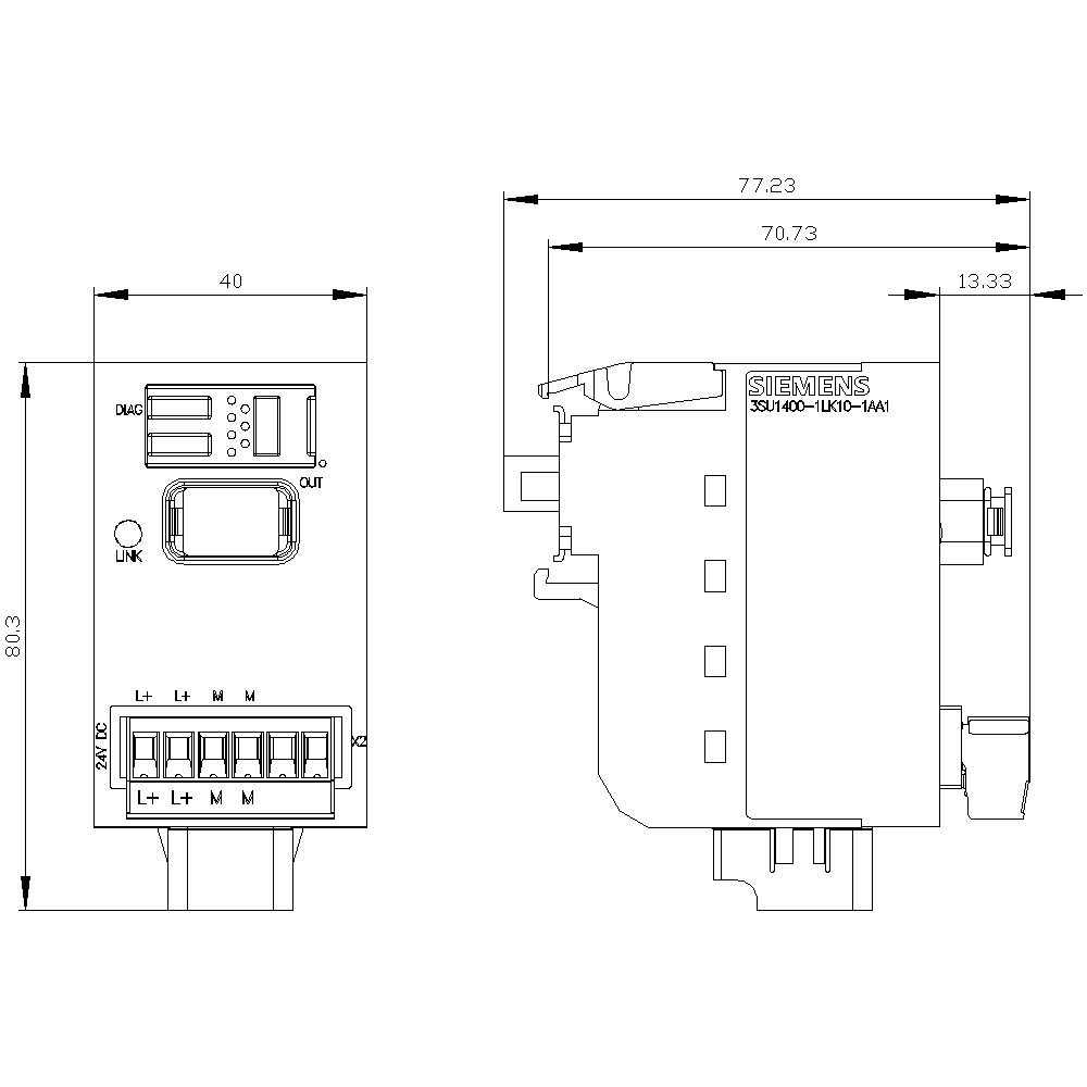 Technische Zeichnung eines Siemens IO-Moduls mit den Maßen 80,3 mm Höhe, 77,23 mm Breite. Vorder- und Seitenansicht mit Anschlussdetails.